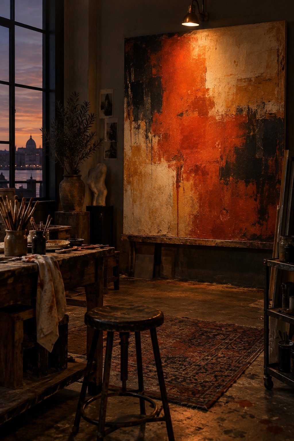 An artist's studio at dusk, a large vermilion painting lit by a single spotlight