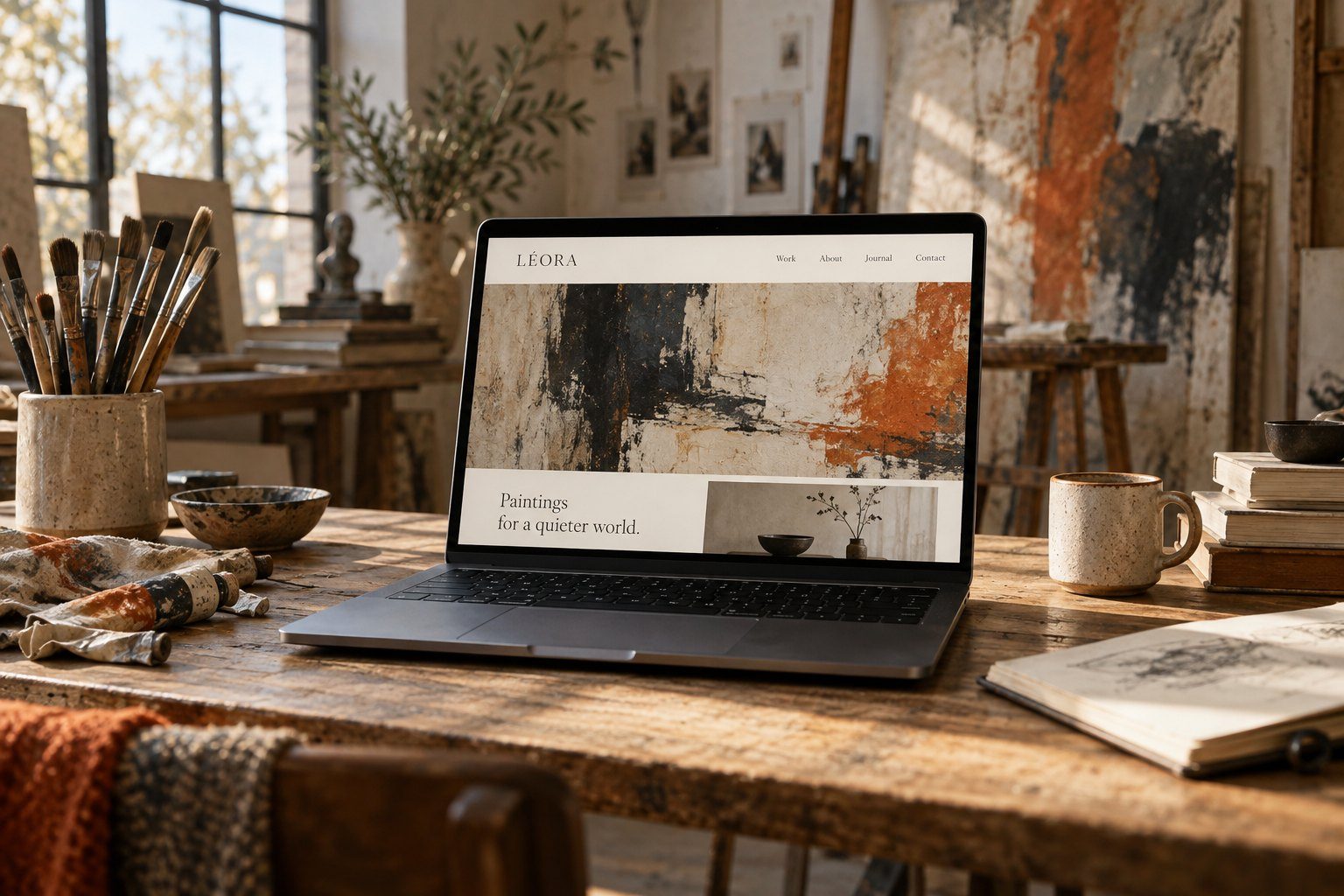 A painter's portfolio website on a laptop in a sunlit studio