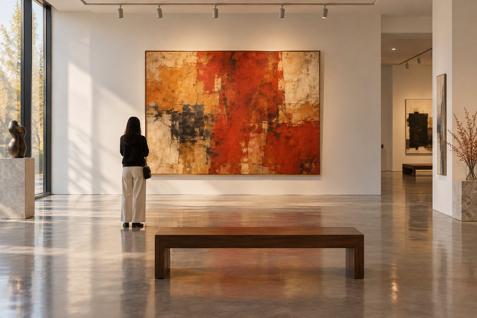 A large abstract painting on a white gallery wall