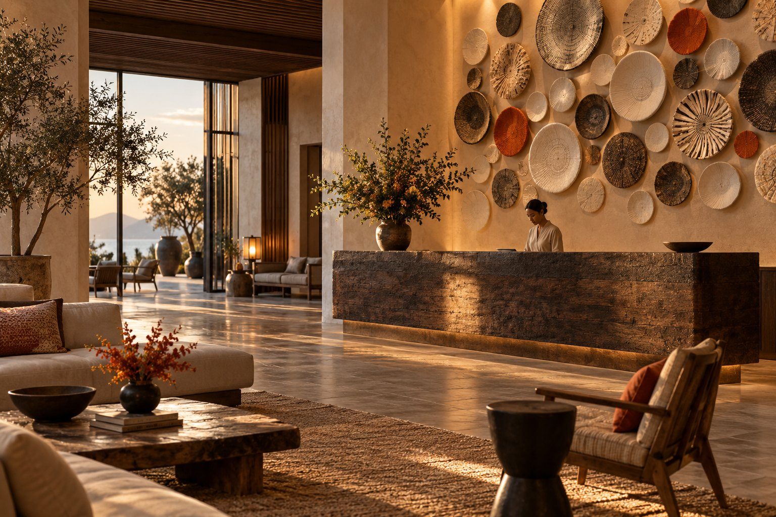A ceramic wall installation in a boutique hotel lobby