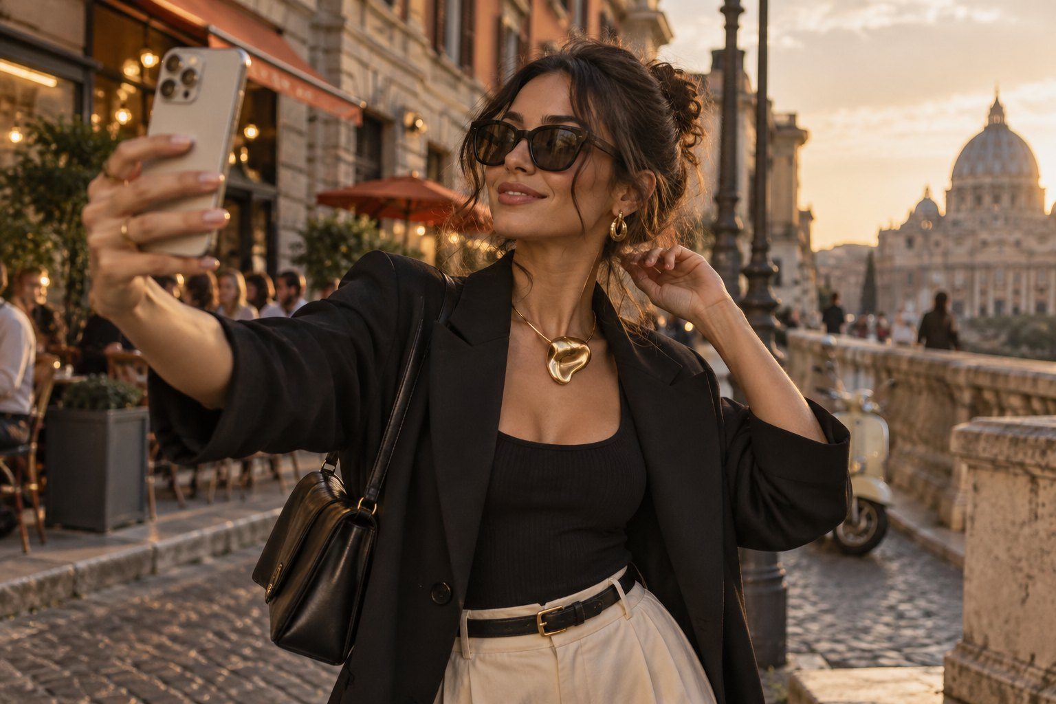 A fashion influencer wearing a gold necklace