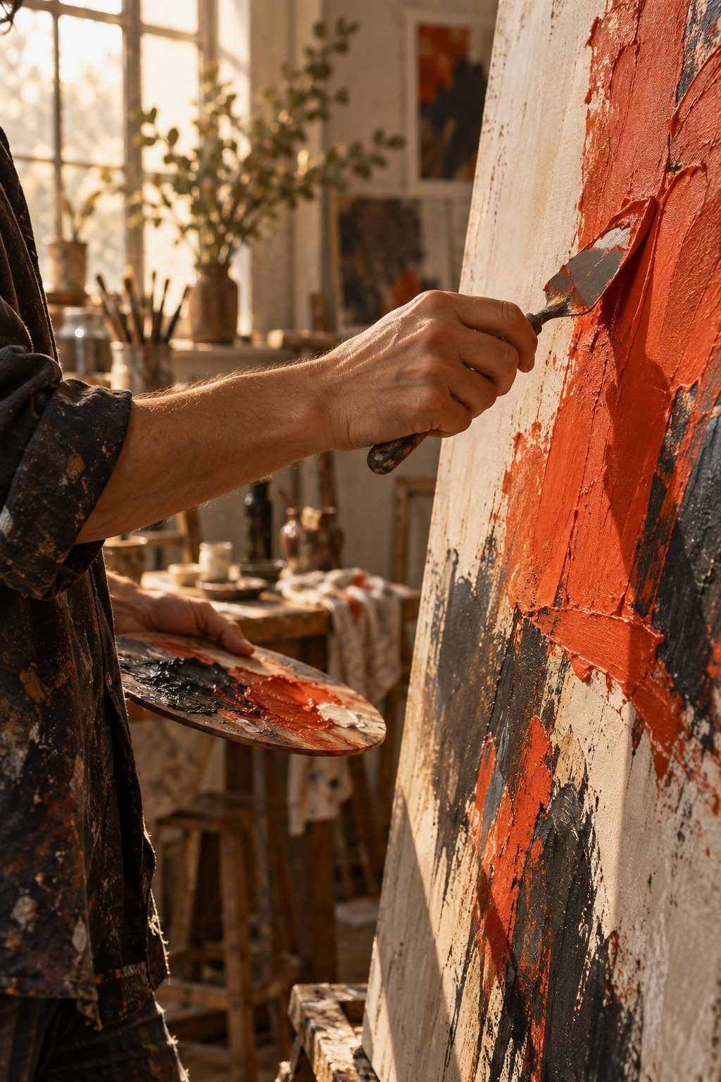 Hands applying vermilion paint to a canvas