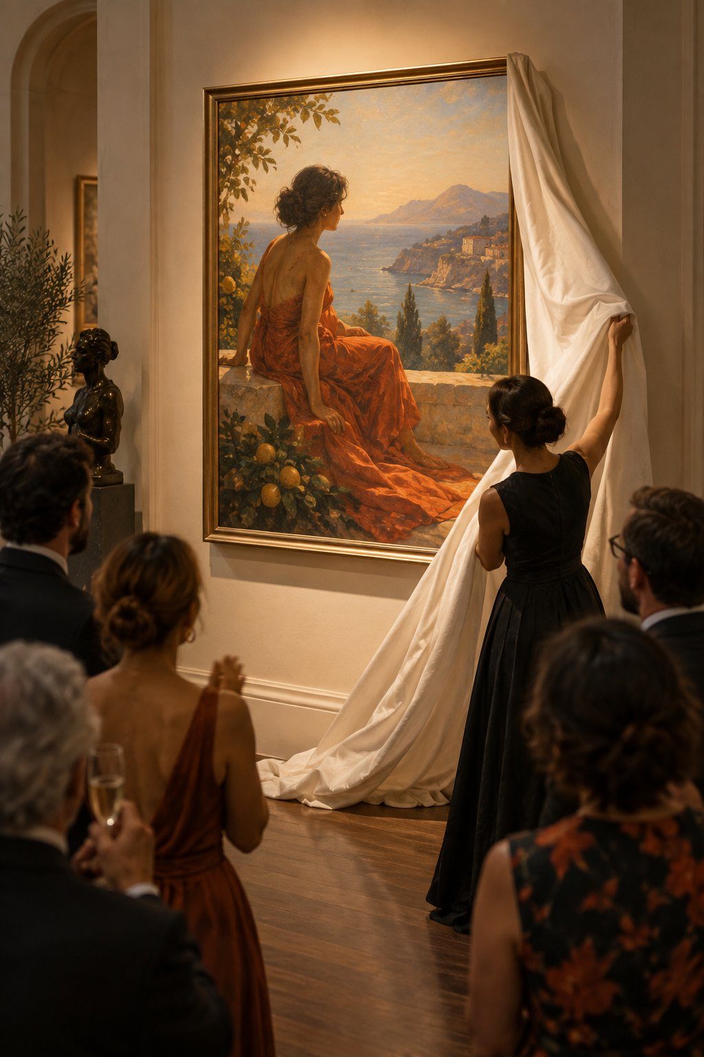 A finished painting being unveiled on a gallery wall