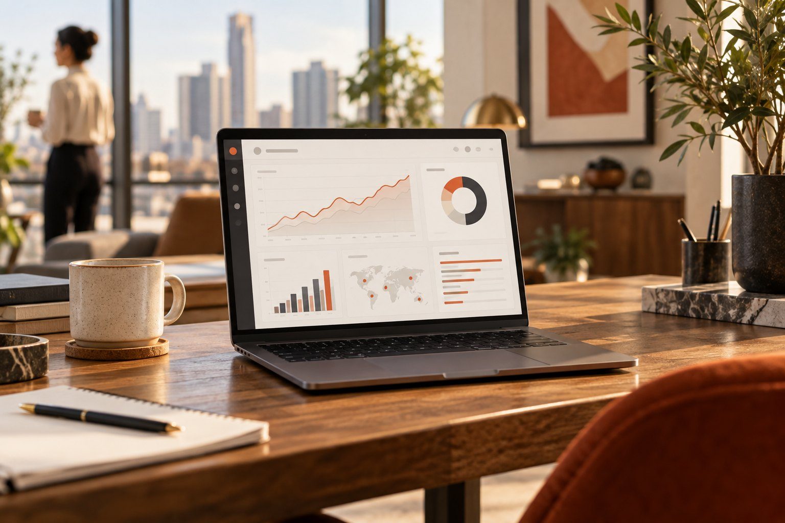 A SaaS analytics dashboard on a laptop in a bright office