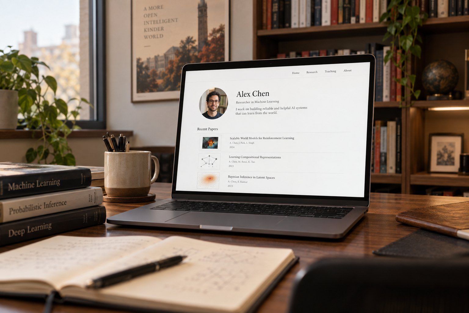 A minimal academic homepage on a laptop