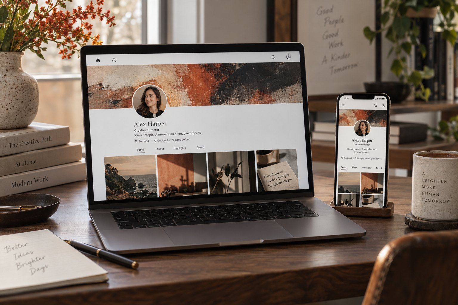 A social profile with a custom banner on a laptop and a phone